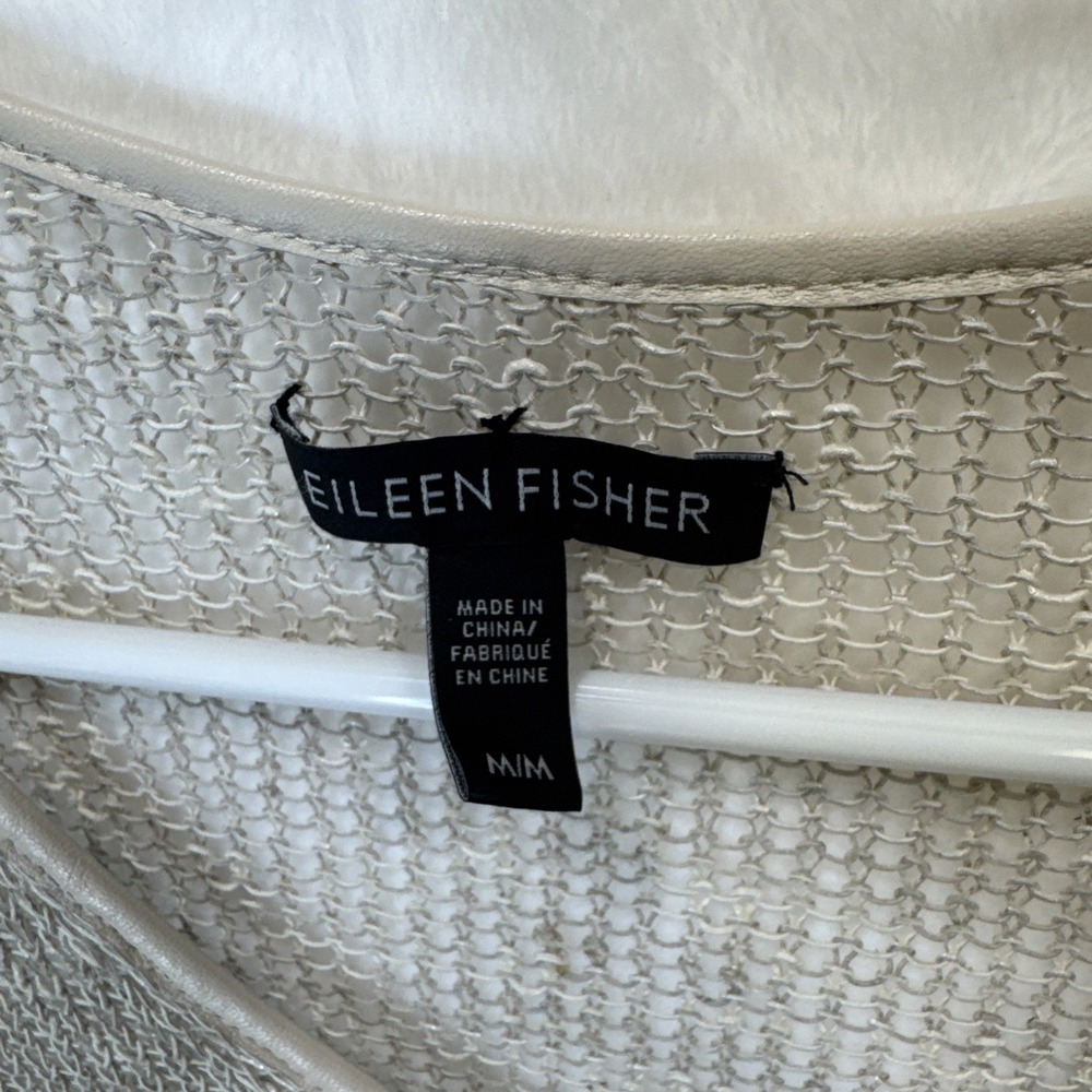 EILEEN FISHER Sweater Medium Beige Open-Weave Tunic Linen Blend Leather Trim - Picture 4 of 10
